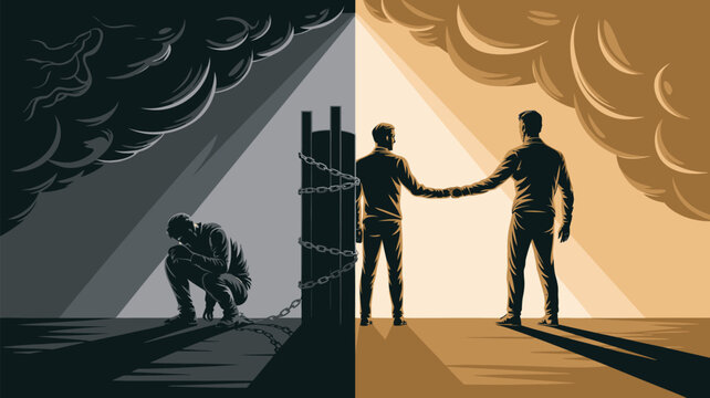 Freedom from Struggle: A symbolic illustration depicting a person breaking free from chains and darkness, stepping into light and a handshake with another figure, representing hope and support.