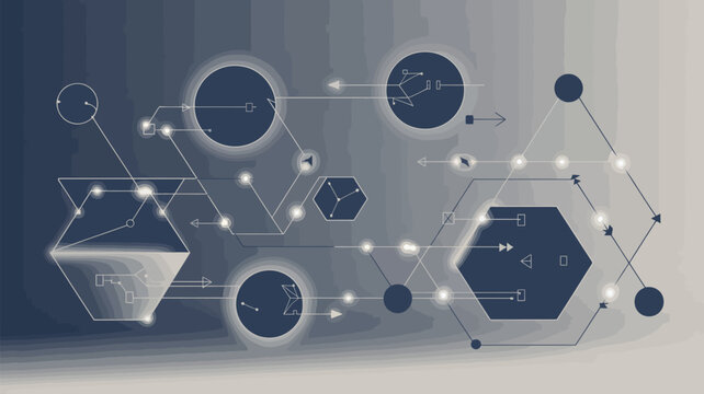 Abstract Network Connections: An abstract graphic representing complex interconnected network nodes and geometric shapes, conveying concepts of data flow, technology, and communication.
