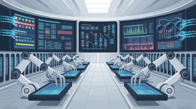 Automated Assembly Line: Robotic arms meticulously assemble electronic devices on a high-tech assembly line, with multiple screens displaying complex data and analytics in a modern factory setting.