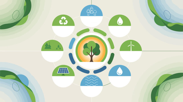 Sustainable Ecosystem Diagram: An infographic illustrating the interconnectedness of environmental elements, featuring a central tree surrounded by icons representing water, wind, solar power.
