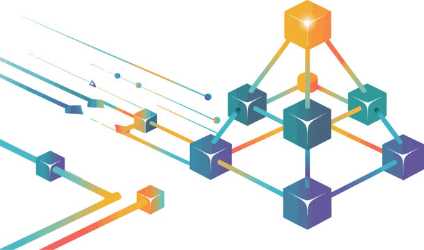Abstract Network Structure: A vibrant, geometric illustration depicting a complex network of interconnected cubic nodes and flowing lines, symbolizing data flow, connectivity, and digital systems.