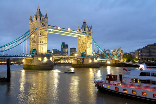 Great Britain, England, London, View of tower bridge and ship in thames river