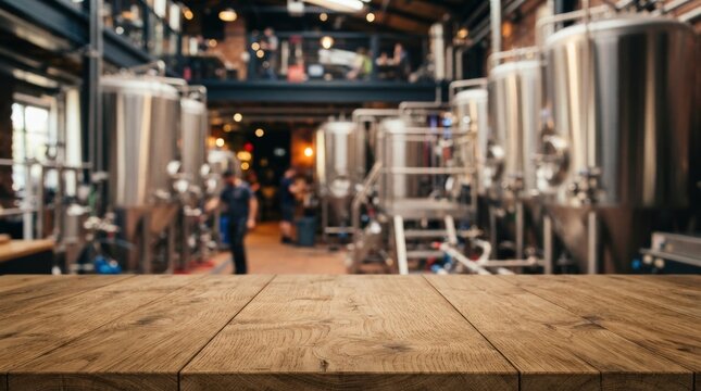 Professional brewery scene with wooden tabletop mockup backdrop, perfect for craft beer branding, product displays, and industrial marketing materials showcasing brewing equipment and ambiance.