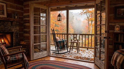 Fototapeta premium Open log cabin living room with french doors to porch overlooking colorful autumn trees, rocking chair and wood burning fire for warm peaceful getaway