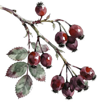 Watercolor illustration of a rosehip branch with red berries and green leaves isolated