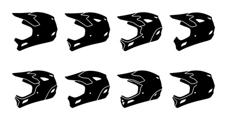 Fototapeta premium Full Face Helmet Icons, Mountain Bike Gear Vector Set, Downhill Cycling Protection Graphics