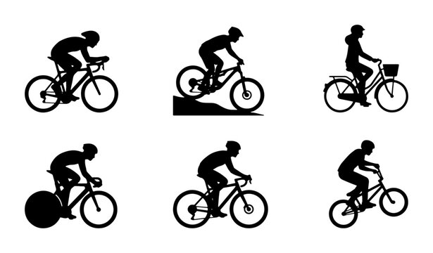 Diverse Bicycle Silhouettes: Road, Mountain, BMX, Commuter, Track Cycling Icons