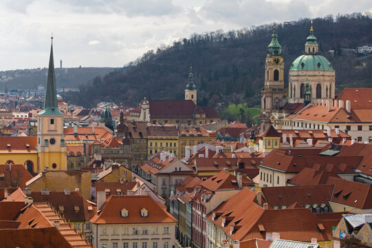 Czechoslovakia, Prague, View of downtown city with mountains