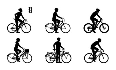 Naklejka premium Bicycle Silhouettes, Cyclist Icons, Urban Commute Vector Set, Sport & Fitness Graphics