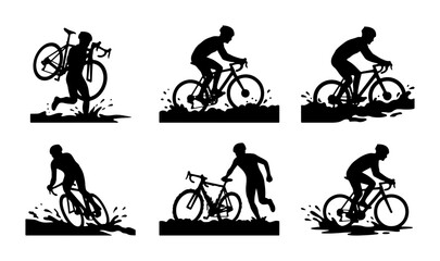 Obraz premium Cyclocross Race Silhouettes, Muddy Trail Biking, Athlete Action Vector Set