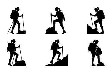 Fototapeta premium Woman Hiker Silhouette Set, Mountain Climbing Vector Icons, Outdoor Adventure Graphics