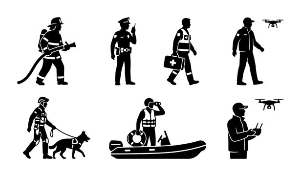 Emergency Services Icons: Firefighter, Police, Paramedic, Drone Operator, K9 Unit, Rescue Boat