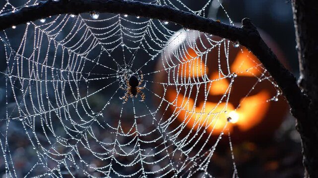 Spooky Spider on a Dewy Web with Glowing Halloween Pumpkin at Night