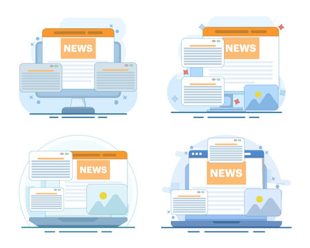 Online news information set featuring web pages, digital news access, current events, internet sources, information updates, online reading, and convenient content browsing in flat vector style.