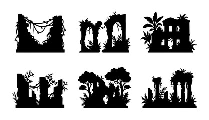 Fototapeta premium Ancient Ruins Silhouettes, Jungle Overgrowth Vector Set, Lost City Architecture Elements