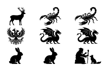 Obraz premium Mythical Creatures & Animals Vector Icons Set: Dragon, Phoenix, Scorpion, Deer, Rabbit, Wizard
