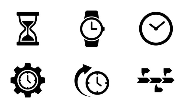 Time Icons Set: Hourglass, Wristwatch, Clock, Gear Clock, Time Loop, Workflow Icons