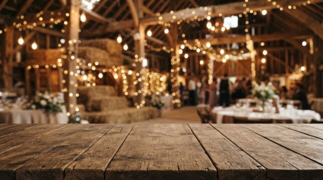 Elegant rustic barn venue with warm string lights and wooden tables, perfect for wedding event mockups, marketing banners, and lifestyle photography backdrops showcasing products beautifully.