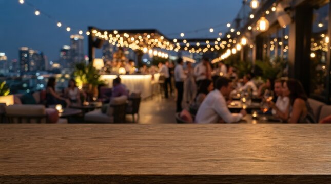 Stylish rooftop bar scene showcasing warm string lighting, social gatherings, and evening ambiance perfect for restaurant branding, event marketing, or lifestyle web design projects.