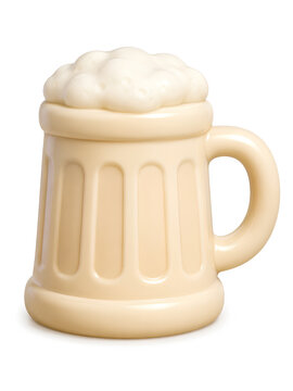 Classic beige ceramic beer stein mug with textured lid and handle isolated on white background