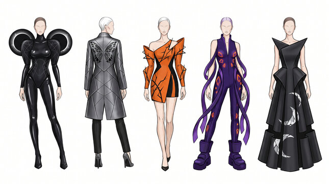 Futuristic avant garde Halloween fashion design sketch collection on white background