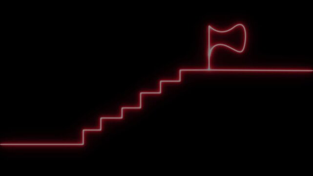 Neon red line of stairs leading to a flag, concept of success, achievement, and goal setting on black background