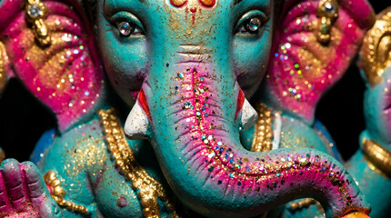 Fototapeta premium Macro close up of colorful blue and pink Ganesha idol trunk and face