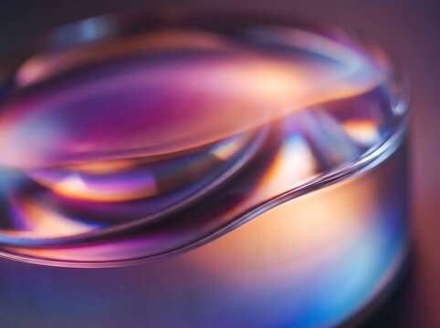 Macro closeup of curved transparent glass layers with iridescent colorful reflections transparent iridescent colorful