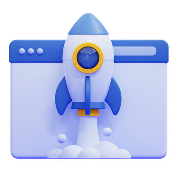 3D stylized rocket launching through a browser window representing a fast business startup and website deployment