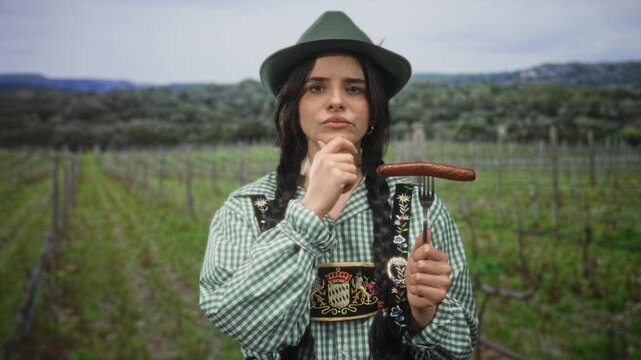 Young hispanic woman in oktoberfest uniform holding sausage on fork with finger to chin in vineyard under cloudy sky; curiosity.