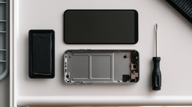 Top-down view of a dismantled generic smartphone with screen, battery cell, and chassis laid out next to a precision screwdriver on a white electronics recycling bench