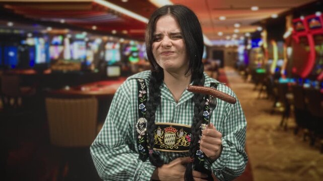 Woman in oktoberfest uniform with braided hair holding a sausage on a fork and grimacing while clutching her stomach inside a casino building; awkward disgust.