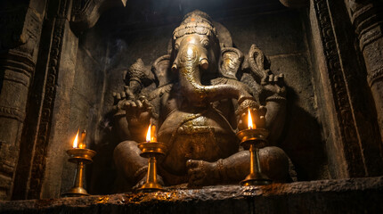 Fototapeta premium Ancient stone Ganesha statue illuminated by soft lamp light in dark temple