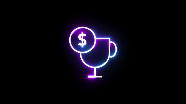 Glowing neon trophy icon with dollar sign symbol animation against plain black background.