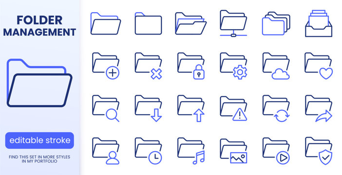 Folder line icons set. File management cloud storage, cyber security shield, open project, share portfolio flat minimal vector illustration. Simple outline signs. Blue duotone color. Editable Stroke.