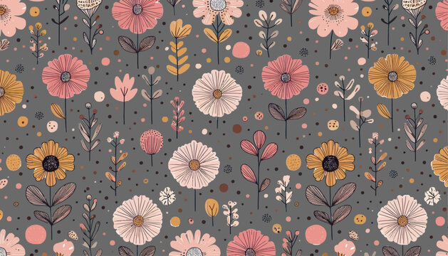 blooming flowers and dots seamless vector floral pattern background