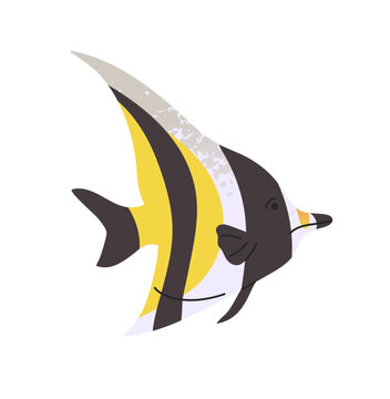 Moorish idol is swimming underwater side view. Black and yellow striped fish. Exotic angelfish of the ocean. Undersea animal. Sea life. Fauna of coral reef. Flat isolated vector illustration on white