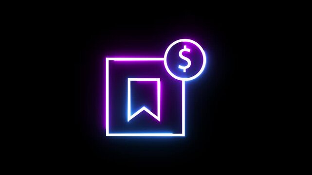 Neon glowing bookmark icon with dollar sign symbol animated on a solid black background.