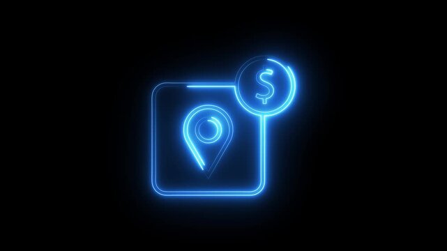 Neon map pin icon with dollar sign symbol glowing on black background for digital finance.