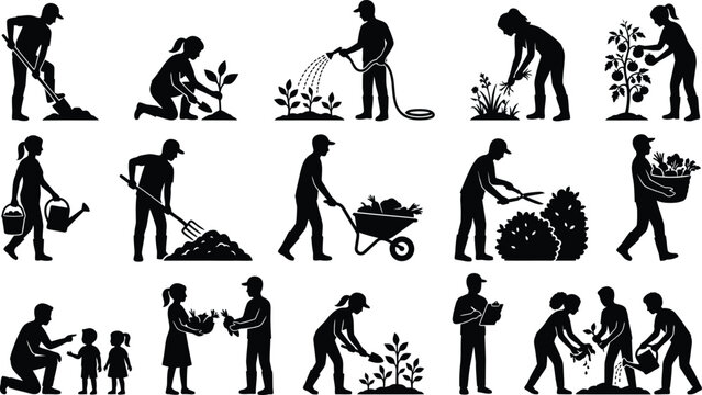 Set of black silhouettes showing people gardening and working in the backyard on a white background