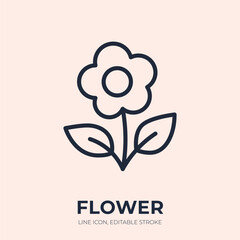 Naklejka premium Flower line icon. Floral blossom linear vector illustration. Thin sign of blooming garden plant with leaves for nature, spring, botany, decoration, romance web pictogram