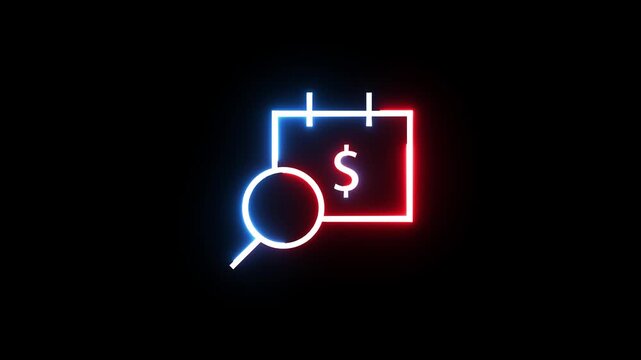 Neon glowing calendar and magnifying glass icon for financial audit schedule on black wall.