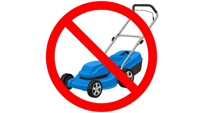Prohibition symbol crossing out a blue lawnmower on a white background, no mowing allowed