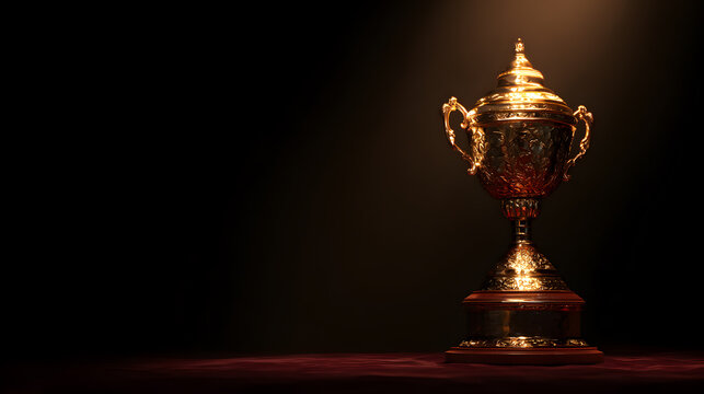 Shiny gold trophy cup standing on a dark wooden table in the shadows