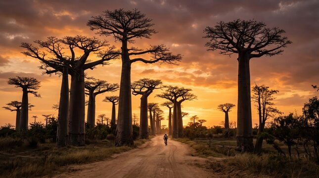 Lone cyclist riding down baobab tree avenue on dusty road at dramatic sunset with tall silhouettes and long shadows creating golden dusk landscape scene