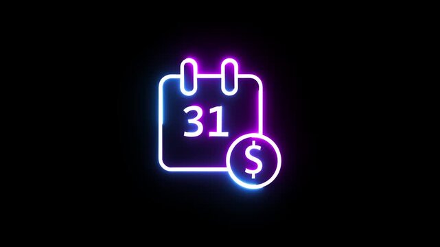 Neon calendar icon with dollar sign pulsing light effect on black background video clip.