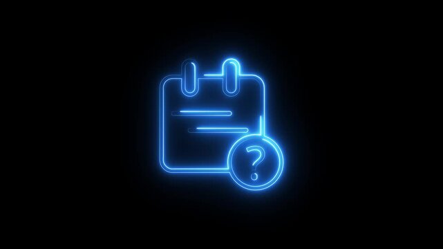 Neon blue calendar icon with question mark pulsating on black background digital motion.