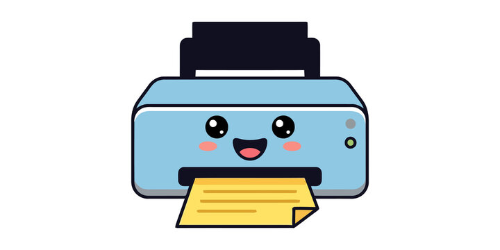 Kawaii printer illustration, light blue and dark blue office equipment with smiling face, printing yellow document.