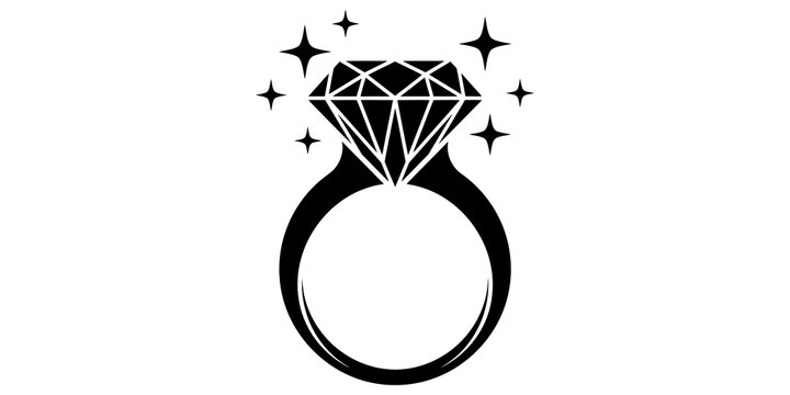 Black silhouette engagement ring with sparkling diamond gemstone for wedding jewelry proposal or romantic gift concept.