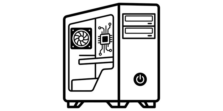 Black outline computer tower case with side window fan and processor chip graphic for gaming pc desktop hardware setup.